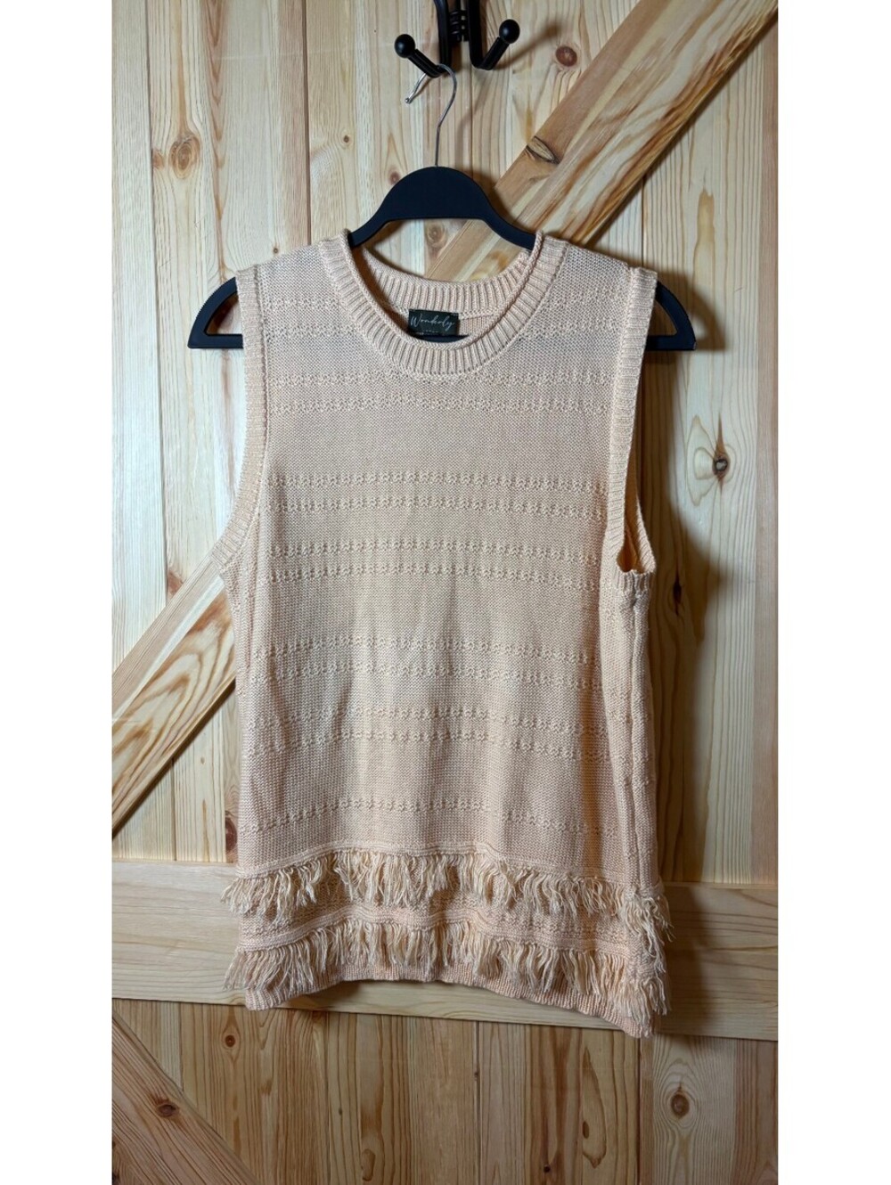 Wonderly Peach Acrylic Knit Sleeveless Sweater Vest with Fringe XL